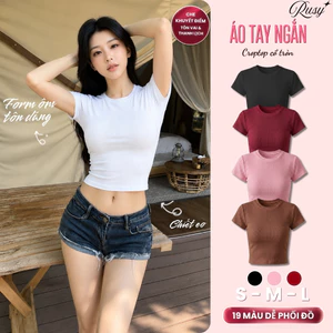 Áo Croptop Nữ Tay Ngắn Cổ Tròn Chất Thun Co Giãn Ôm Body Tôn Dáng Trơn Basic Dễ Phối Đồ TN02 Rusy