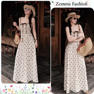 Đầm maxi đi biển váy maxi dáng dài hai dây họa tiết chấm bi co giãn tôn dáng gầy đi cafe du lịch hot trend HCOM27525
