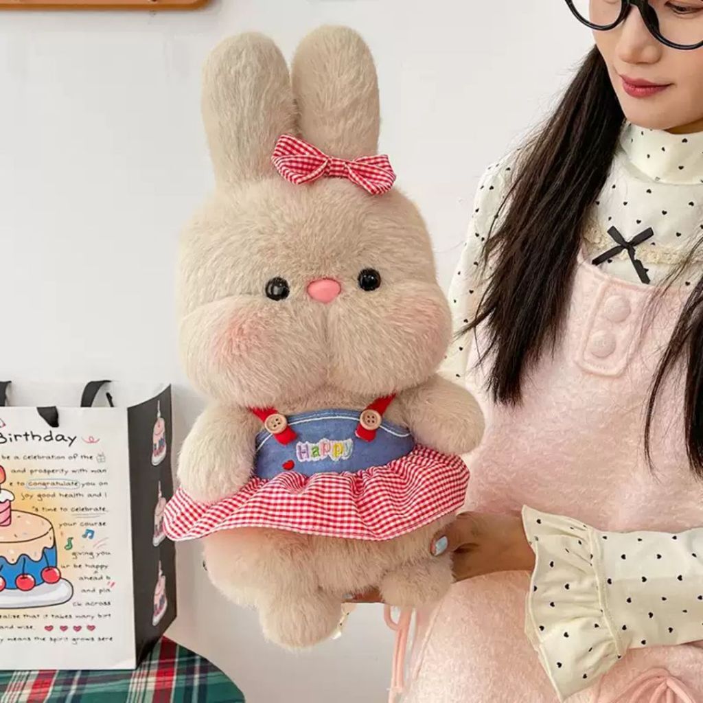 Gấu Bông Thỏ Mun Má Phính Mặc Yếm Siêu Dễ Thương, Thỏ Bông Má Béo Mềm Mại Quà Tặng Đáng Yêu Cho Bé,Bạn Gái