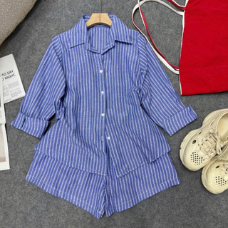 Set Bộ Bigsize Nữ Áo Sơ Mi Kẻ Sọc Tay Dài Kèm Quần Đùi Lưng Chun Phong Cách Vải Linen SET865