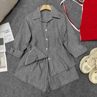 Đồ Bộ Bigsize Nữ Áo Sơ Mi Tay Dài Kèm Quần Short Lưng Chun Cá Tính Vải Linen SET865