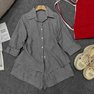 Đồ Bộ Bigsize Nữ Áo Sơ Mi Tay Dài Kèm Quần Short Lưng Chun Cá Tính Vải Linen SET865