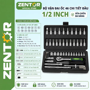 Bộ tuýp khẩu Zentor 46 chi tiết 1/2 inch Bộ đầu khẩu mở siết bu lông sữa chữa đa năng đồ nghề cơ khí