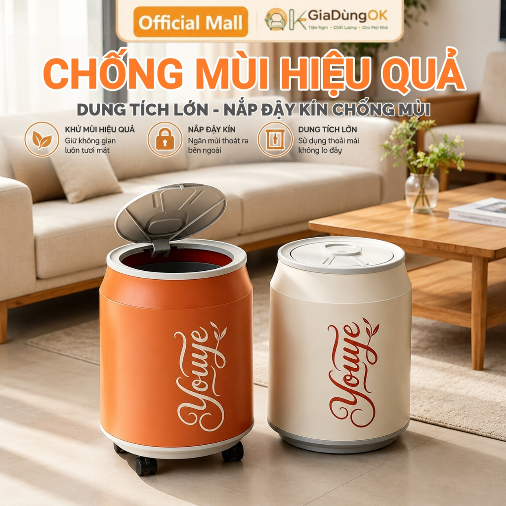 Thùng rác nắp nhấn tiện lợi Dung tích 13L chống mùi hiệu quả Bánh xe di chuyển，Chống mùi, kín khít