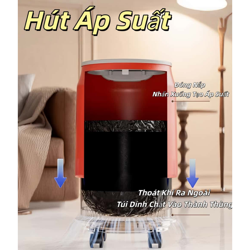 Thùng rác nắp nhấn tiện lợi Dung tích 13L chống mùi hiệu quả Bánh xe di chuyển，Chống mùi, kín khít