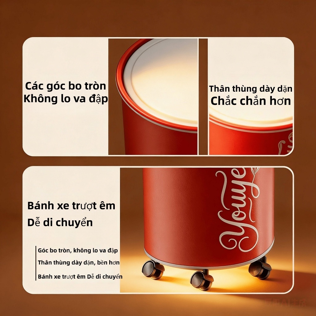 Thùng rác nắp nhấn tiện lợi Dung tích 13L chống mùi hiệu quả Bánh xe di chuyển，Chống mùi, kín khít