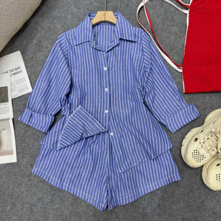 Set Bộ Bigsize Nữ Áo Sơ Mi Kẻ Sọc Tay Dài Kèm Quần Đùi Lưng Chun Phong Cách Vải Linen SET865