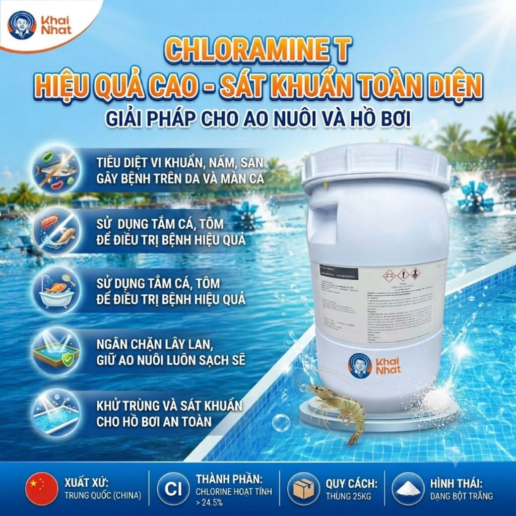 Cloramin T 24% Trung Quốc, Bột Chloramin T xử lý nước, sát khuẩn đồ dùng (Thùng nhựa 25 Kg)