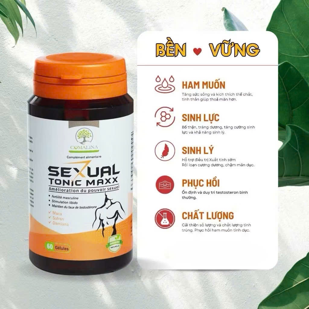 COMALINA Sexual Tonic Maxx 60 Viên Nhập Khẩu Pháp - Thực Phẩm Bổ Sung Cho Nam Giới, Thành Phần Maca Saffron Damiana