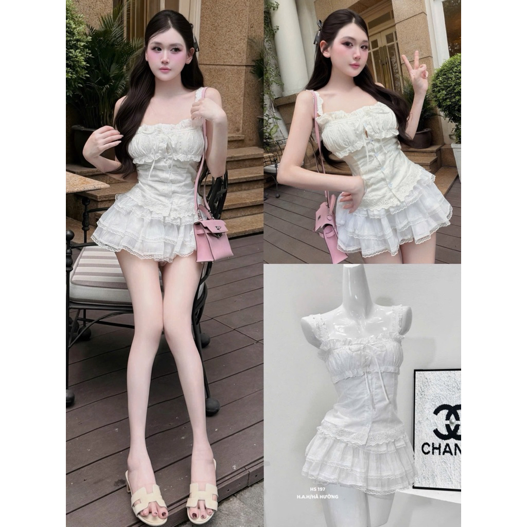 Set áo thô bèo chân váy tầng tiểu thư