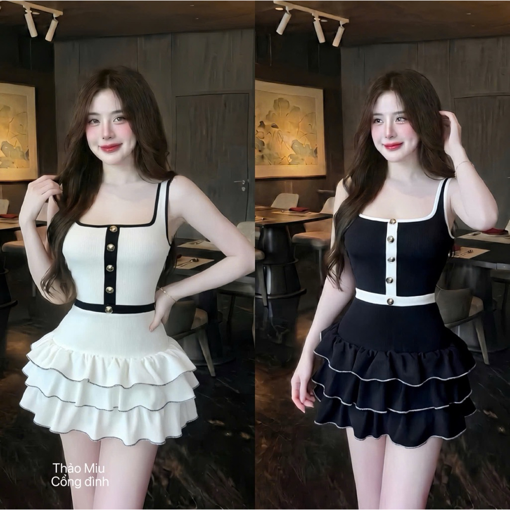 Váy phối viền đính khuy bèo tầng xinh