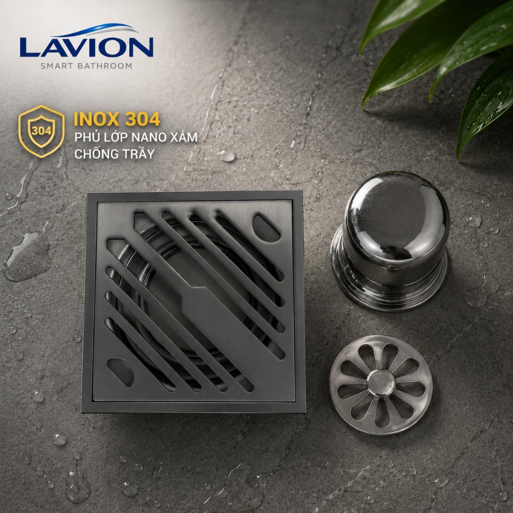 Phễu Thoát Sàn 12x12, Inox 304 Bóng, Nano Xám Chống Hôi, Chống Côn Trùng, Thoát Nước Nhanh