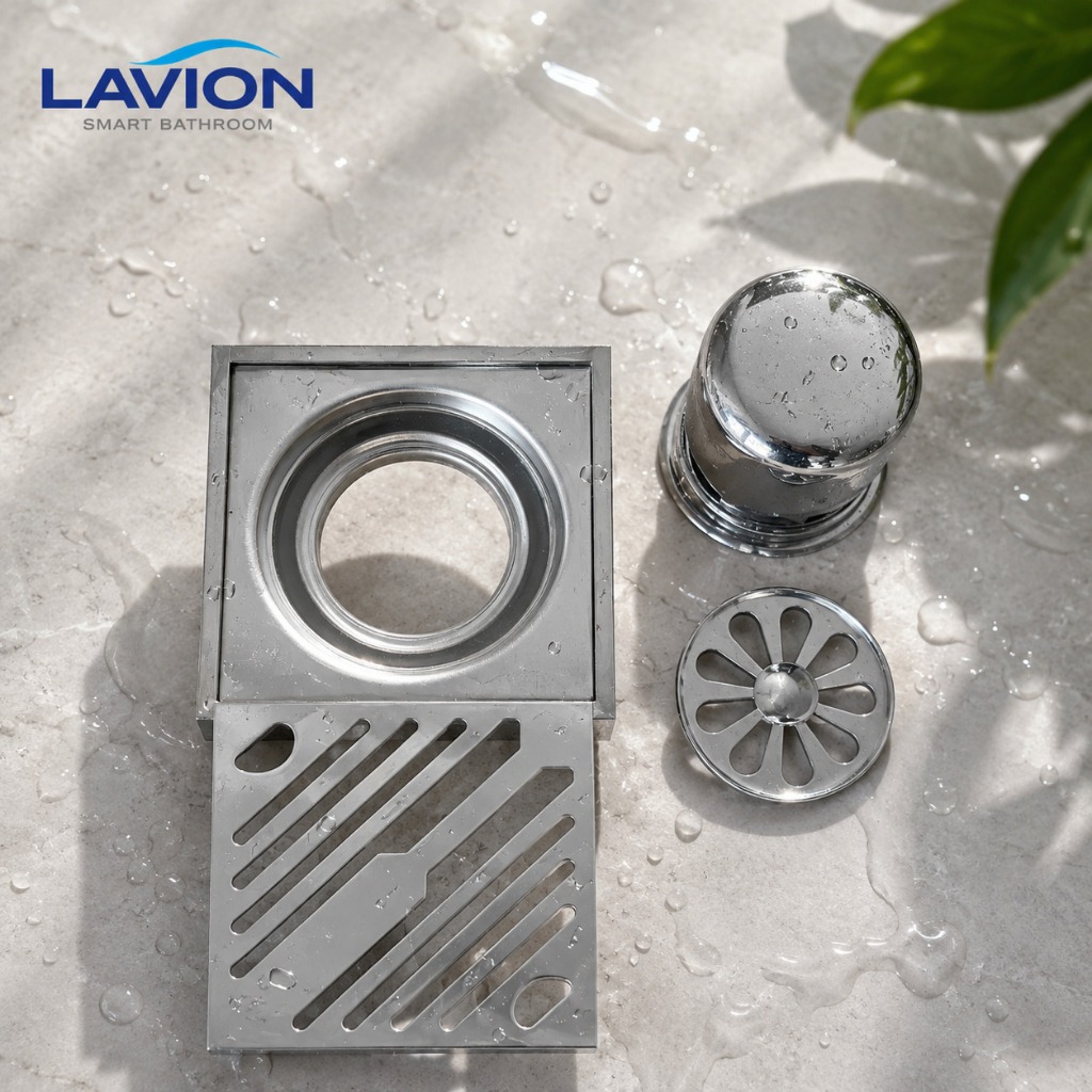 Phễu Thoát Sàn 12x12, Inox 304 Bóng, Nano Xám Chống Hôi, Chống Côn Trùng, Thoát Nước Nhanh