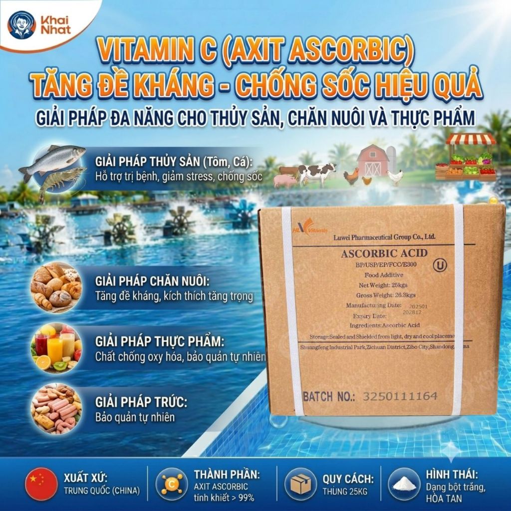 Vitamin C bột nguyên liệu (25kg/thùng) - Ascorbic Acid hàng chuẩn BP/USP/EP/FCC/E300
