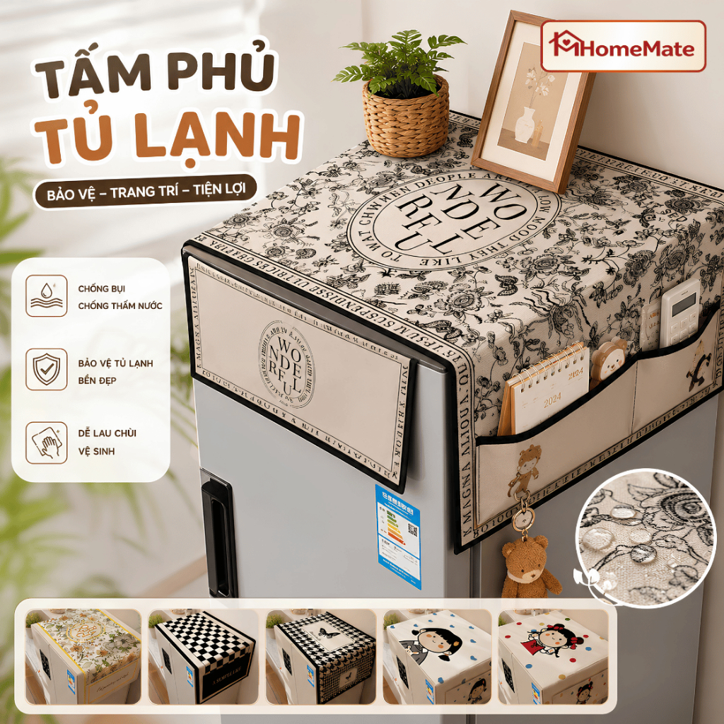 Tấm Phủ Tủ Lạnh HomeMate Chống Bụi Có Ngăn Để Đồ, Vải Lanh Cotton Chống Thấm Decor Nhà Bếp