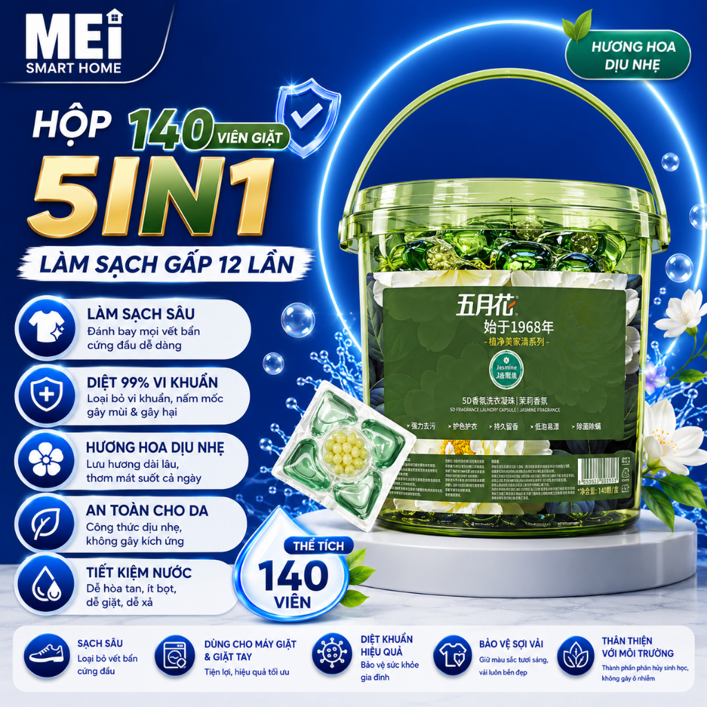 Hộp 140 viên giặt 5in1 hương hoa dịu nhẹ, viên giặt xả thơm quần áo, làm mềm , khử khuẩn 99%