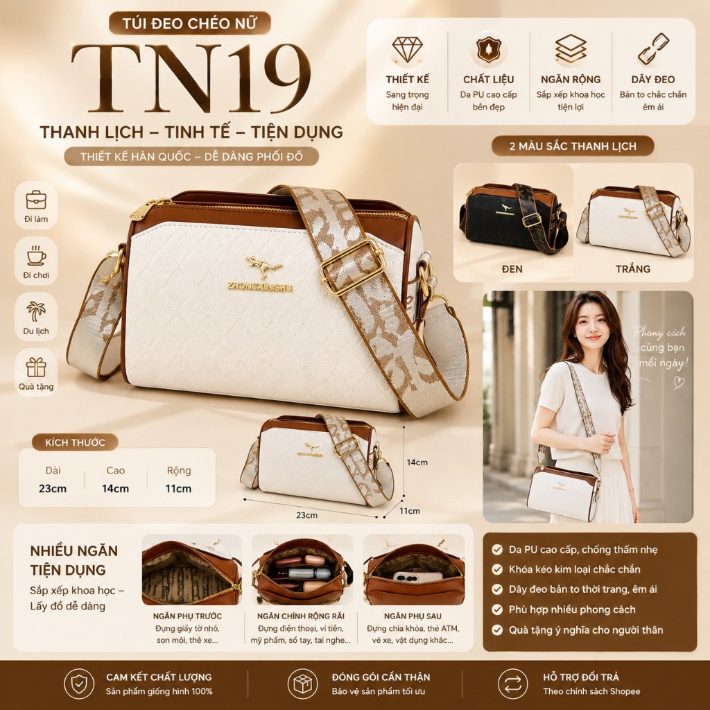 Túi Đeo Chéo Nữ TN19 Da PU Cao Cấp Phối Màu Đen Nâu, Túi Đeo Vai Thời Trang Hàn Quốc Dây Bản To Sang Trọng