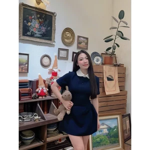 SET ĐẦM CỔ SEN 3 NÚT PHỐI QUẦN SHORT, SET ĐỒ NỮ TIỂU THƯ HÀN QUỐC | MEOINDAHOUSE