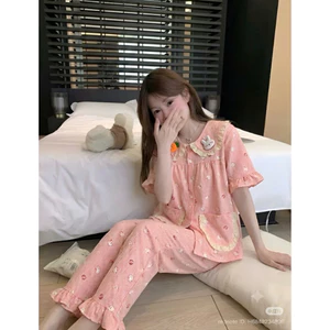 Bộ Đồ Ngủ Pijama Nữ Ngắn Tay Dài Quần Cổ Bèo - Đồ Mặc Nhà Đũi Cotton Họa Tiết CD02