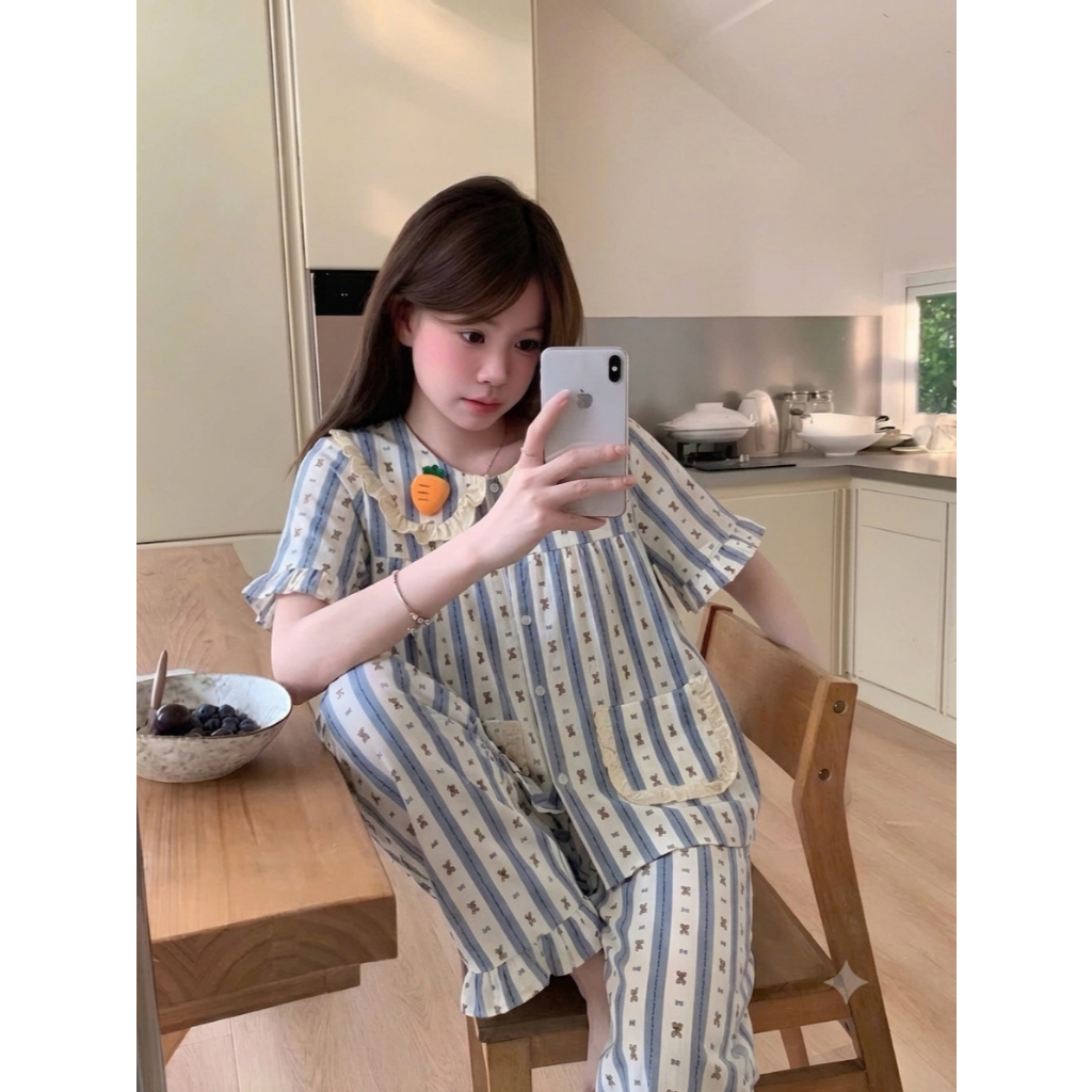 [40-60kg] Bộ Đồ Ngủ Pijama Nữ Ngắn Tay Dài Quần Cổ Bèo - Đồ Mặc Nhà Đũi Cotton Họa Tiết CD02
