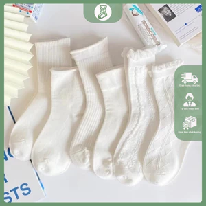 Tất Nữ Cổ Cao Vintage Hàn Quốc Màu Trắng Dệt Kim Cotton Mềm Mại Phối Đồ Xinh T16-SoftStep