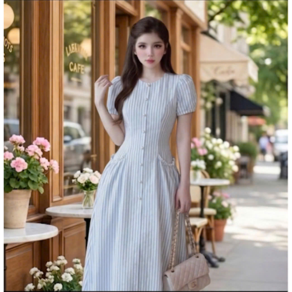 Váy Kẻ Phối Túi Trước Thiết Kế Hai Lớp Dáng Dài Đi Biển Du Lịch Đi Làm Chất Thô Hàn Cao Cấp V538