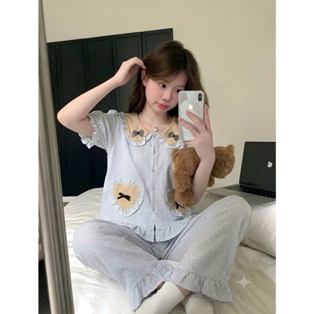 [40-60kg] Bộ Đồ Ngủ Pijama Nữ Ngắn Tay Dài Quần Cổ Bèo - Đồ Mặc Nhà Đũi Cotton Họa Tiết CD02
