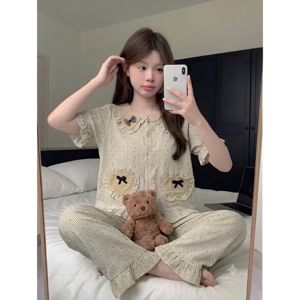 [40-60kg] Bộ Đồ Ngủ Pijama Nữ Ngắn Tay Dài Quần Cổ Bèo - Đồ Mặc Nhà Đũi Cotton Họa Tiết CD02