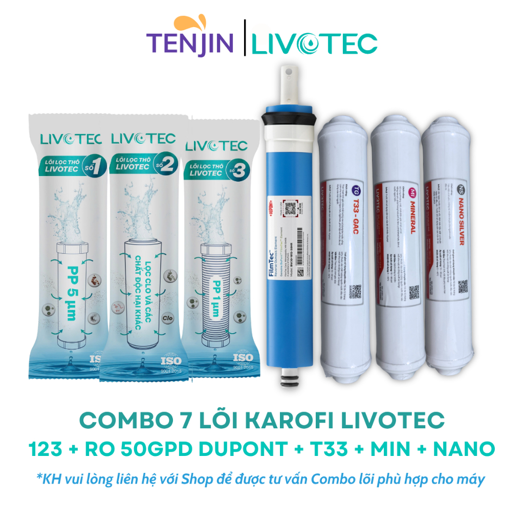 Combo 7 Lõi Lọc Karofi Gồm Lõi 123 Livotec + Màng RO 50GPD + Lõi Chức Năng Livotec T33-GAC, Mineral và Nano Silver