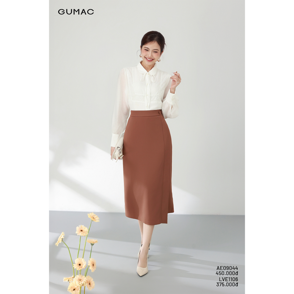 Chân Váy Bút Chì GUMAC Dáng Suông Xẻ Sau Phối Tà Đắp Trước Đính Nút Bọc Tôn Dáng LVE1106