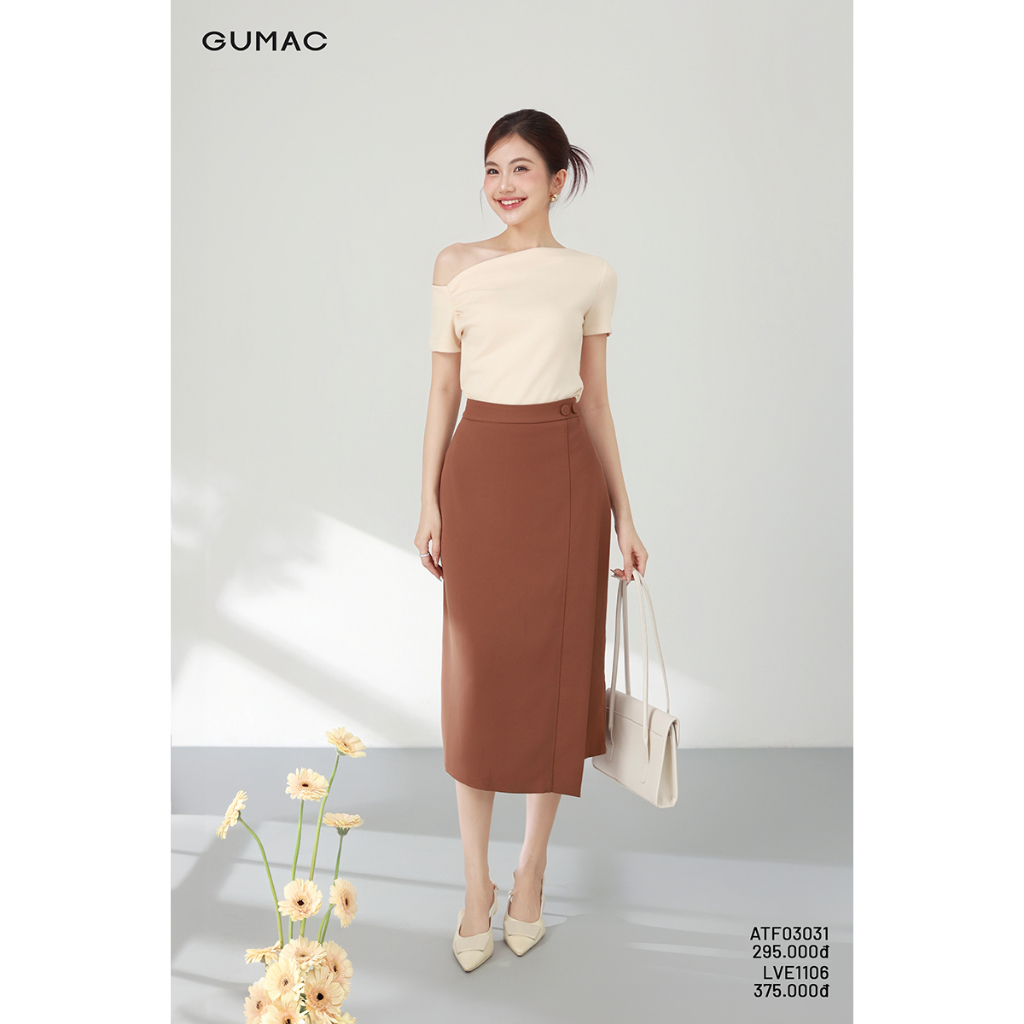 Chân Váy Bút Chì GUMAC Dáng Suông Xẻ Sau Phối Tà Đắp Trước Đính Nút Bọc Tôn Dáng LVE1106