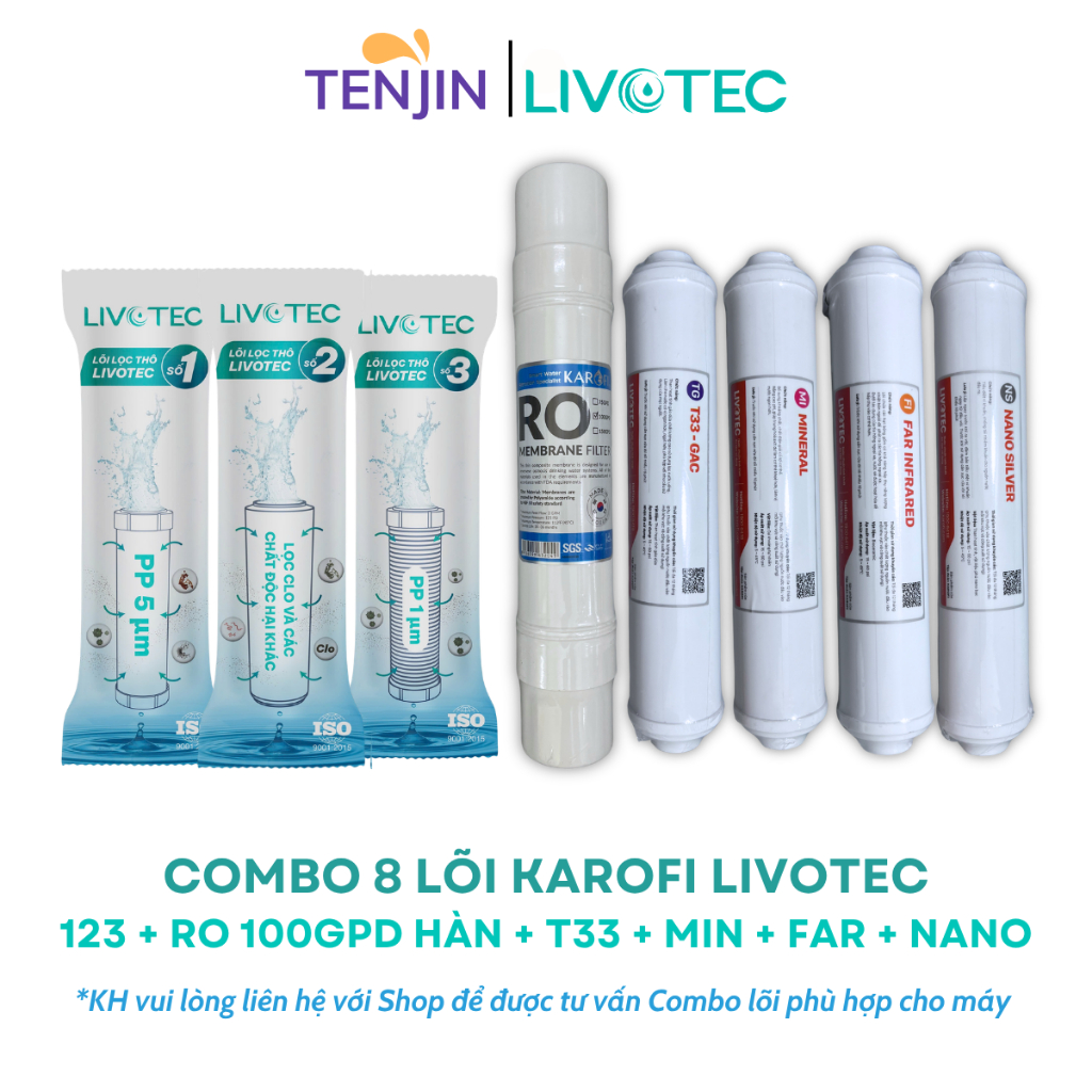 Combo 8 Lõi Lọc Karofi Gồm Lõi 123 Livotec + Màng RO Hàn 100GPD + Lõi Chức Năng Livotec T33-GAC, Mineral, Far, Nano
