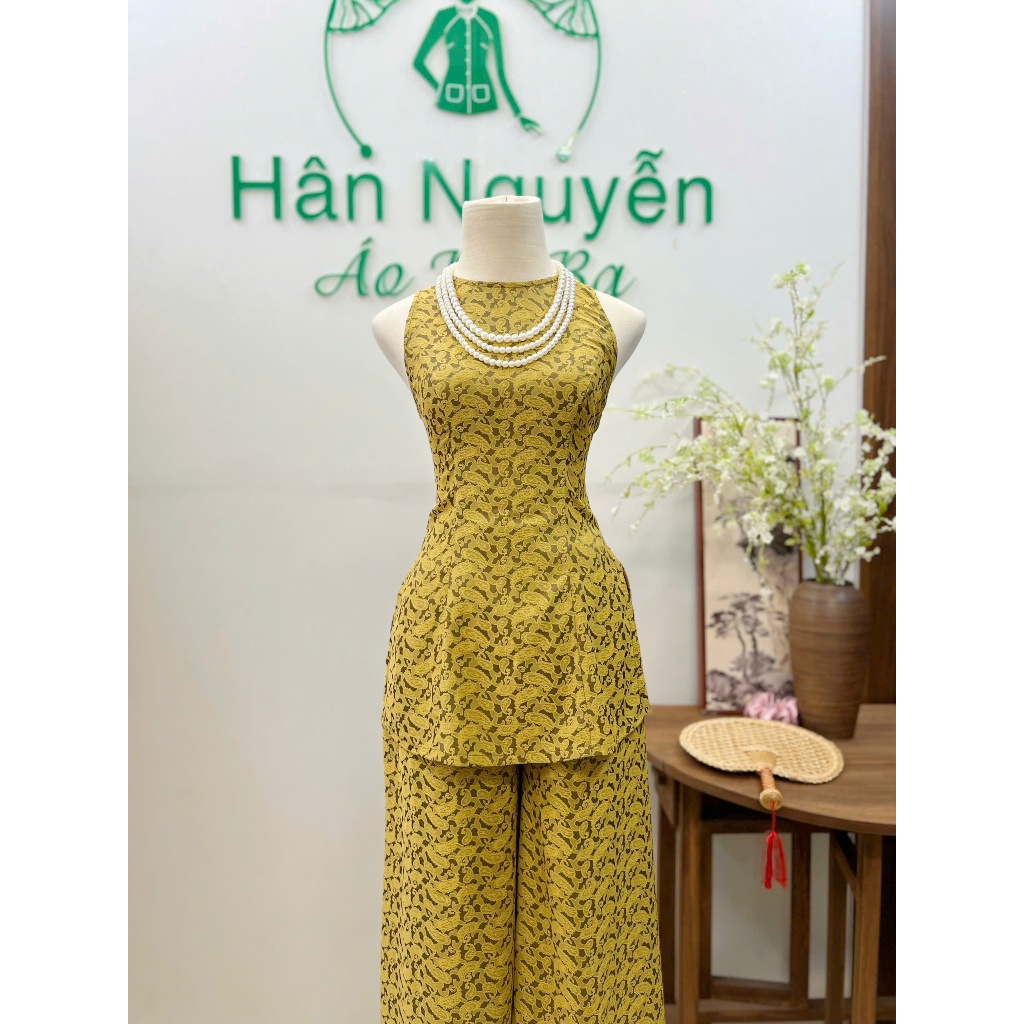 Hân Nguyễn Áo Bà Ba - B.A204 - Set Gấm Mùa Hè Họa Tiết Ánh Lông Công (Quần Lưng Thun Cùng Chất)