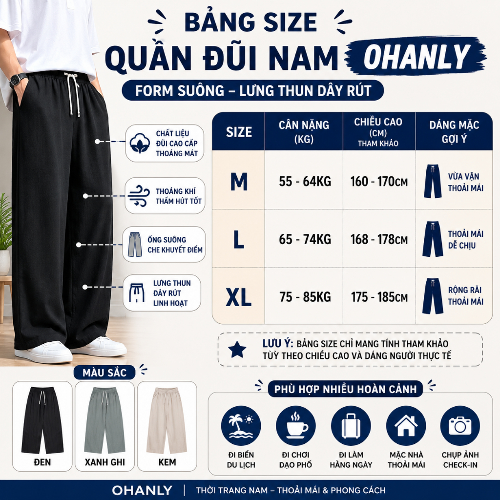 Quần Đũi Nam Ống Suông OHANLY Dây Rút Lưng Thun Thoáng Mát Form Rộng Hàn Quốc Đi Biển Size M-XL