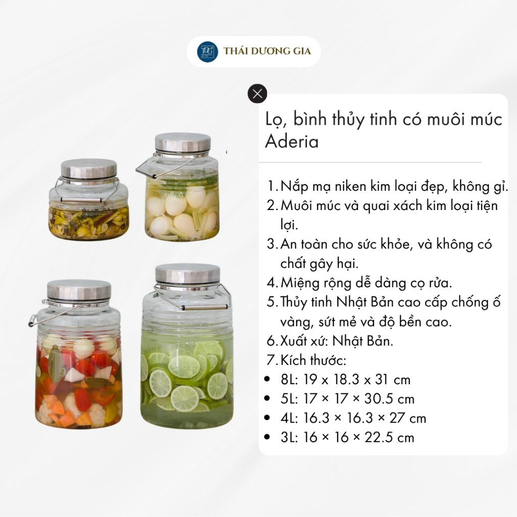 Lọ, bình thủy tinh ngâm, đựng thực phẩm, nắp mạ niken có muôi múc Nhật Bản Aderia | Thái Dương Gia