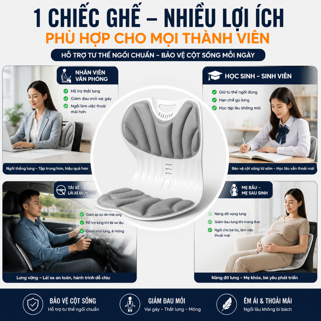 Ghế Tựa Lưng Công Thái Học CAO CẤP, Chỉnh Dáng Ngồi Đúng, Thư Giãn Cột Sống - 99 HomeLive