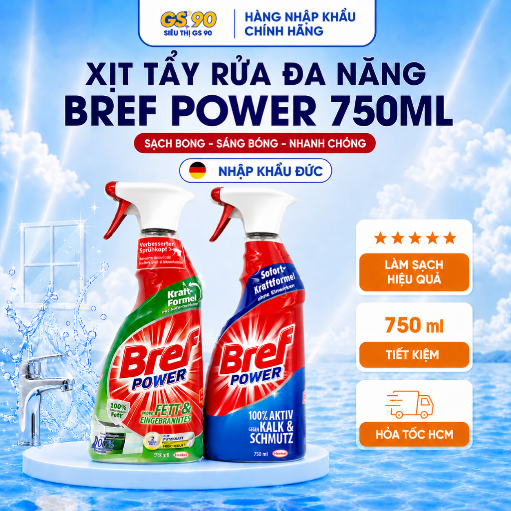 Xịt Tẩy Rửa Đa Năng Bref 750ml Hàng Đức Tẩy Dầu Mỡ, Tẩy Cặn Canxi Inox, Tẩy Mốc, Diệt Khuẩn 99.9%