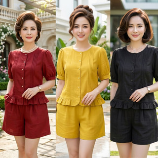 Bộ Đũi Nữ Áo Tay Bồng Quần Đùi Trung Niên Cao Cấp - Set Áo Tay Phồng Quần Short Đi Chơi Trẻ Trung - Anh Thư Shop (AT55)