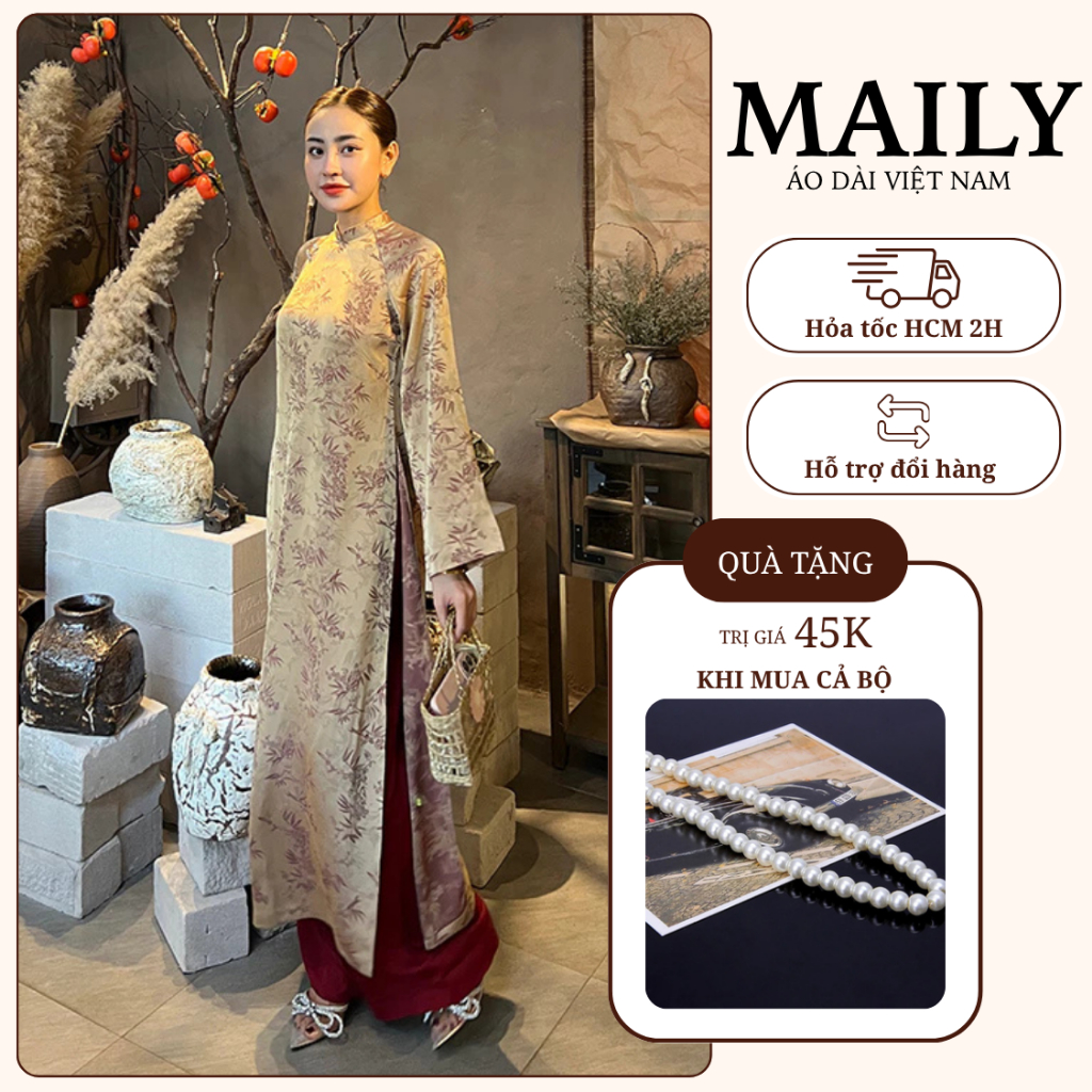 Áo Dài Giai Ý Dáng Cách Tân, Chất Gấm Thiết Kế Cổ Cao Tay Dài Loe Họa Tiết Cây Trúc Có Bigsize - ÁO DÀI MAILY