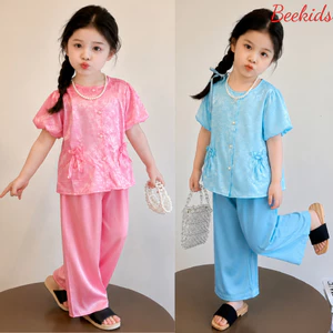 Set Bộ Áo bà ba gấm tay Bí cúc ngọc + quần lụa bóng mềm mịn Cho Bé Gái Mặc Trung Thu, Lễ Tết, Pháp Phục BB05 - BEEKIDS