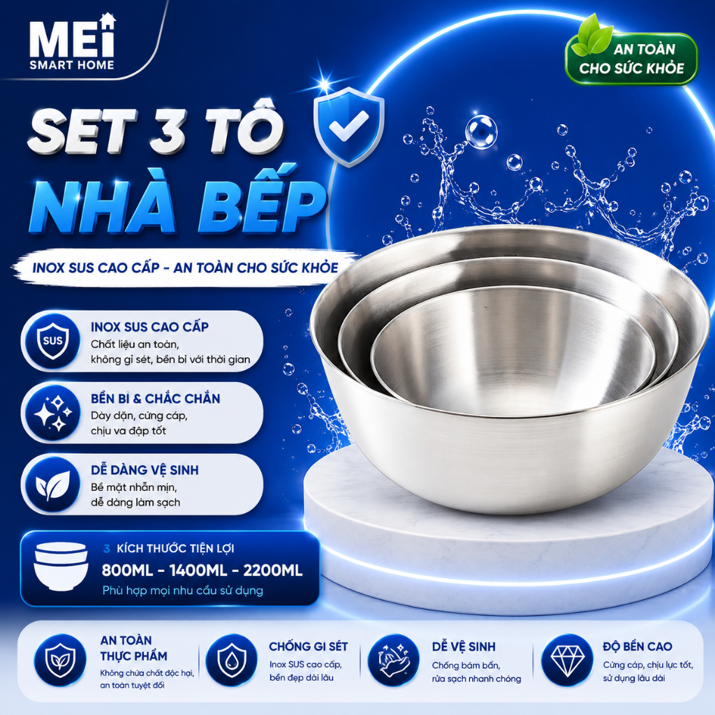 Sét 3 bát trộn bột thau trộn salad ướp thịt tô đựng cơm canh, chất liệu inox, có vạch chia dung tích
