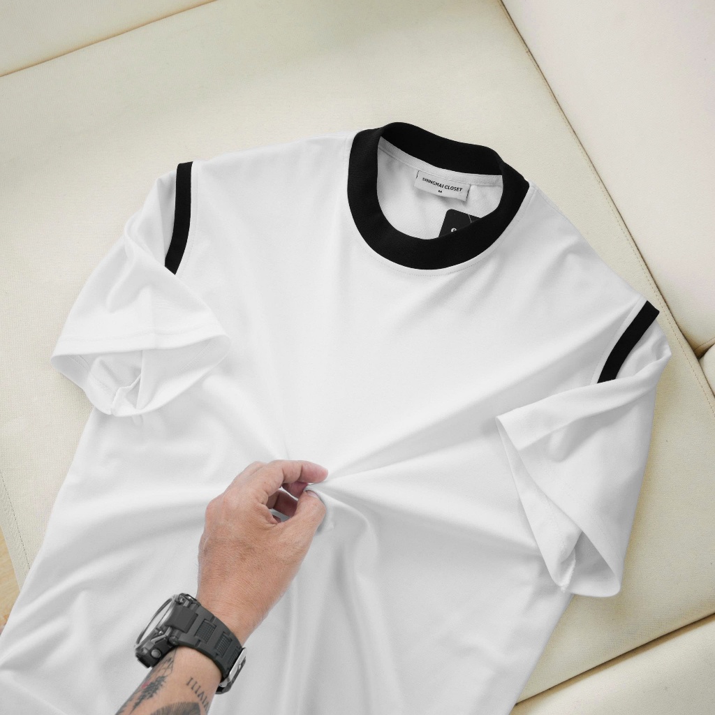 Áo thun Nam VIỀN VAI Cổ Tròn Menswear - Cotton 250MSG, Regular Fit, Mềm Mịn, Trẻ Trung - SHINGHAI