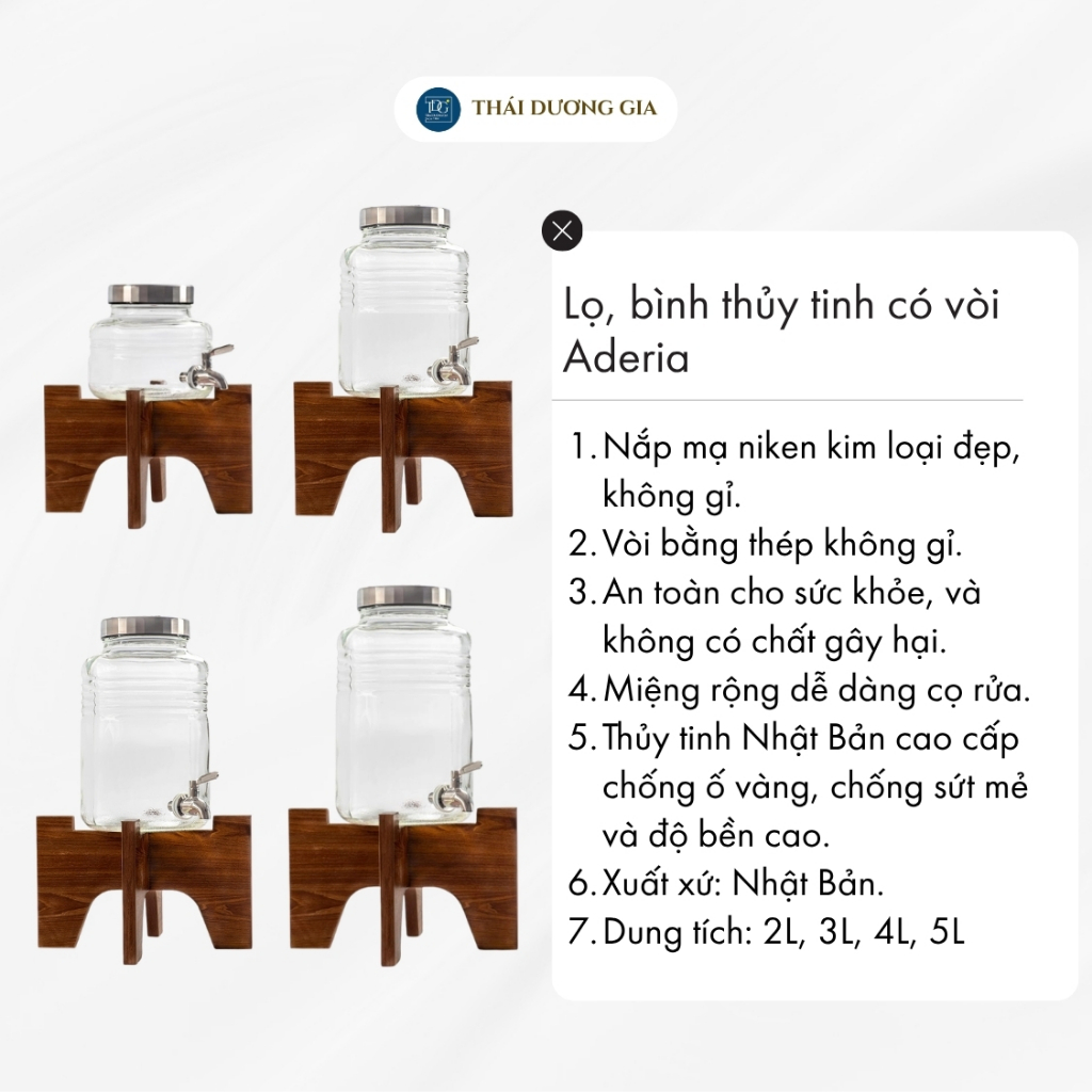 Bình ngâm thủy tinh có vòi nắp mạ niken Aderia – kèm đế gỗ màu nâu | Thái Dương Gia