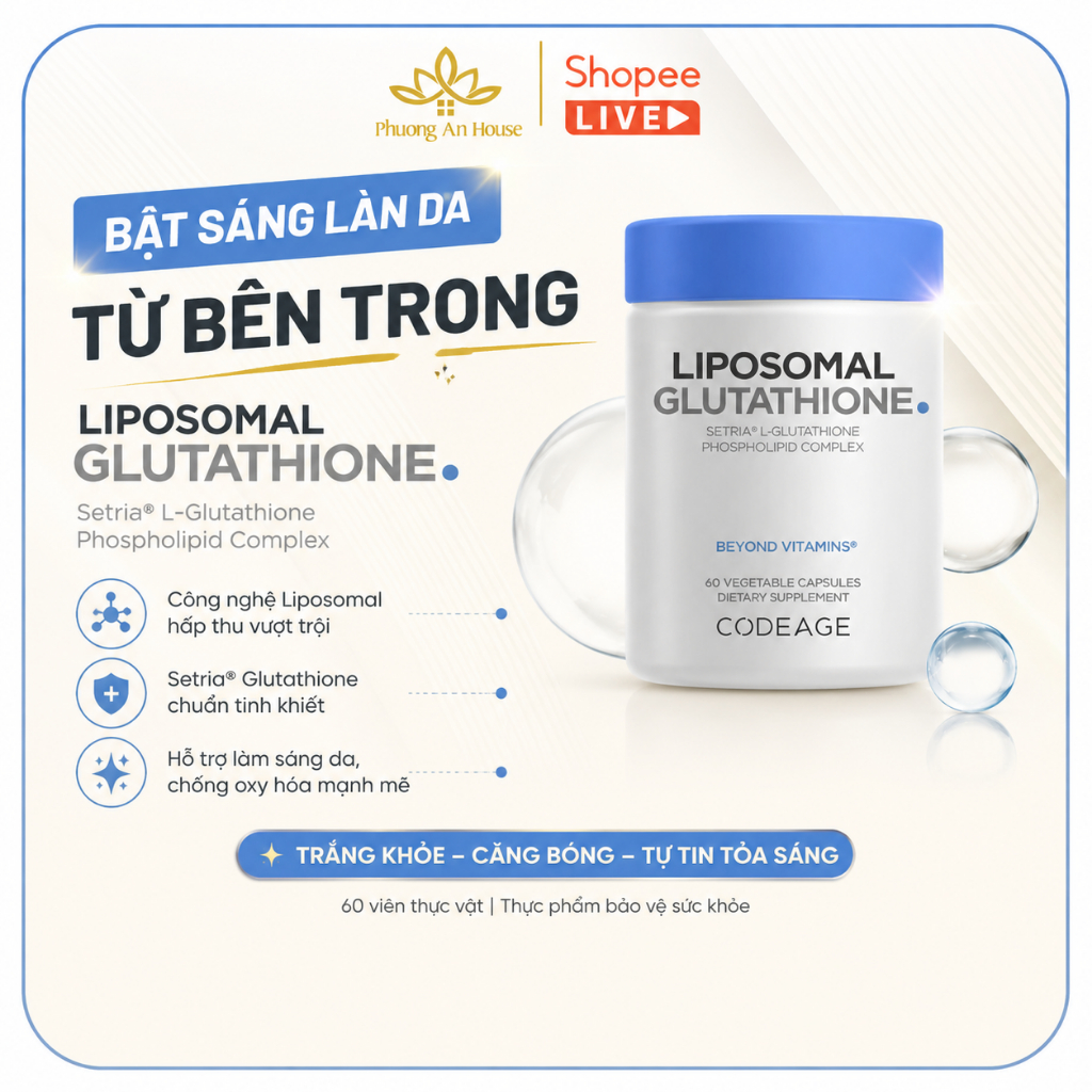 Viên uống trắng da, giảm nám sạm Codeage Liposomal Glutathione 500mg 60 viên