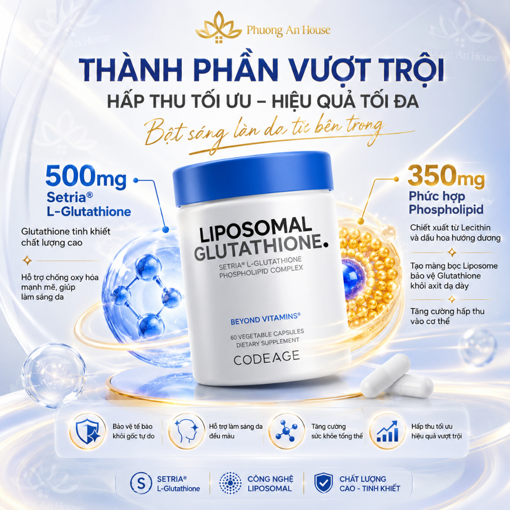 Viên uống trắng da, giảm nám sạm Codeage Liposomal Glutathione 500mg 60 viên