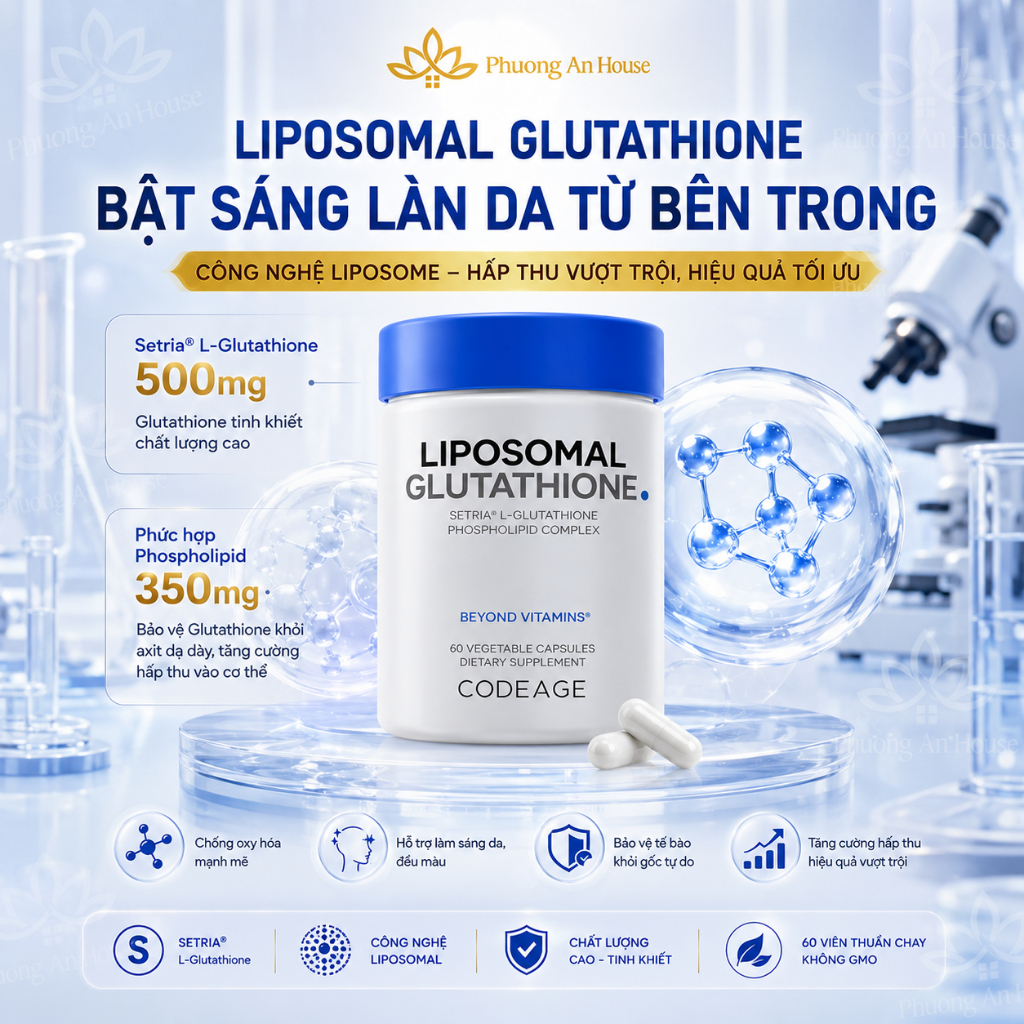 Viên uống trắng da, giảm nám sạm Codeage Liposomal Glutathione 500mg 60 viên