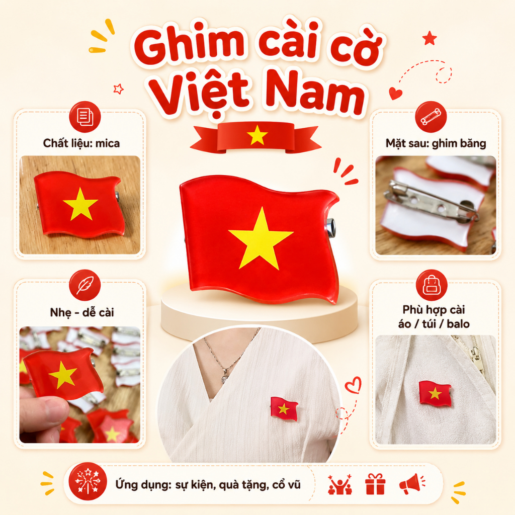 Ghim Cài Cờ Việt Nam Chất Liệu Mica - Nhỏ Xinh Tự Hào Việt - Habo Shop 2026