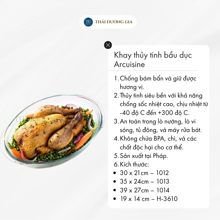 Khay nướng nồi chiên không dầu bầu dục thủy tinh cao cấp Pháp Arcuisine các cỡ | Thái Dương Gia