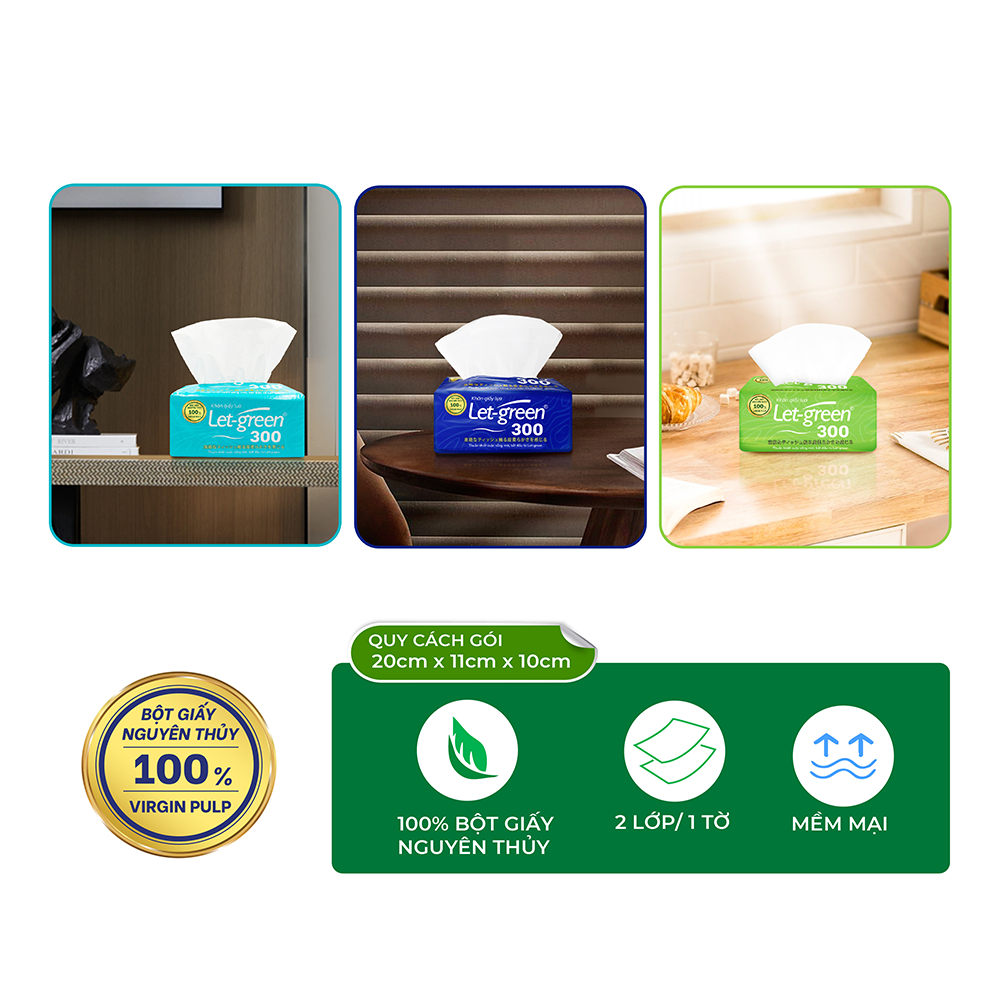 [Hàng Chính Hãng] Khăn Giấy Lụa LET-GREEN 300 Tờ 2 Lớp Rút Kéo - Bột Giấy Nguyên Thủy - Mềm Dai