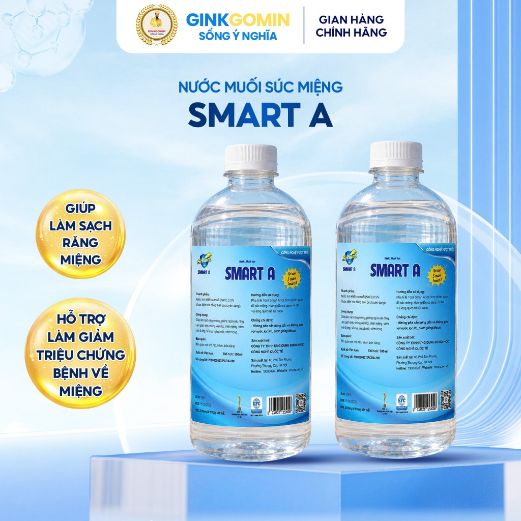 [MẪU MỚI] Nước Muối Smart A ion Kiềm 500ml Hỗ Trợ Vệ Sinh Răng Miệng, Súc Miệng Hàng Ngày, An Toàn Lành Tính G55